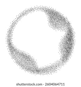 Abstract vector black dot particles flowing in circular frame isolated on transparent background with copy space	