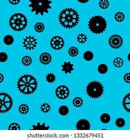 abstract vector black flat gears seamless pattern on blue background