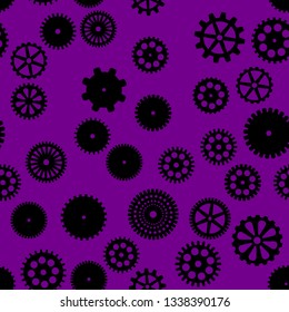 abstract vector black flat gears seamless pattern on violet background