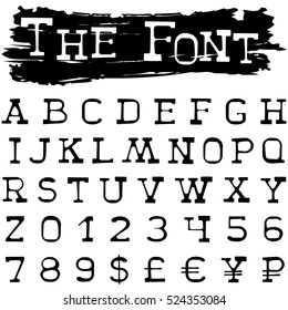 Abstract vector black font. English letters and numbers and currency symbols for your designs.