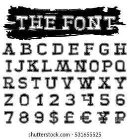 Abstract vector black font with stroke. English letters and numbers and currency symbols for your designs.