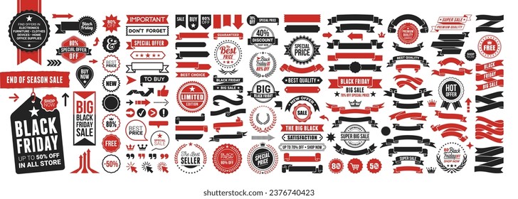 Abstract vector black friday sale lable tag set, with Ribbons, Badges, Labels, Logos, Symbols. For art template design, list, page, mockup brochure style, banner, in Red, Black and White 