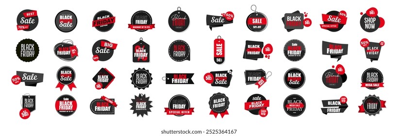 Conjunto de etiquetas de venta de viernes negro de Vector Abstractas. Conjunto de insignias de venta. Venta de etiquetas y etiquetas de calidad. Anuncio de marketing promocional de venta de Black Friday 