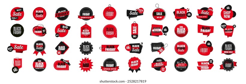 Vetor abstrato preto sexta-feira venda rótulo conjunto. Conjunto de selos de Venda. Etiquetas e etiquetas de qualidade de venda. Banner de marketing promocional de venda Black Friday 