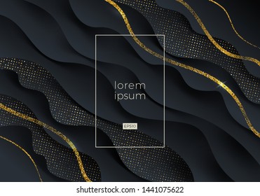 Abstract vector black and gold background. Fluid wavy layered shape, glitter gold waves and frame for text or message. Vector illustration