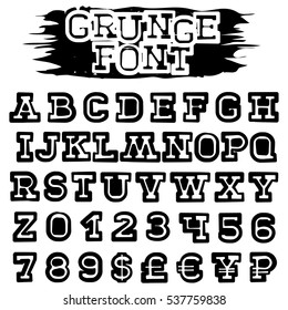 Abstract vector black grunge font. English letters and numbers and currency symbols for your designs.