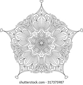 Abstract vector black lace design in mono line style - five-finger mandala, ethnic decorative element. Can be used as anti stress therapy.