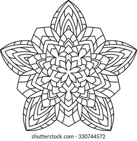 Diseño abstracto de encaje negro vectorial en estilo mono-línea - mandala de cinco dedos, elemento decorativo étnico.