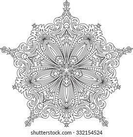 Abstract vector black lace design in mono line style - five-finger mandala, ethnic decorative element.