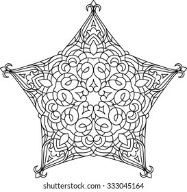 Abstract vector black lace design in mono line style - five-finger mandala, ethnic decorative element.