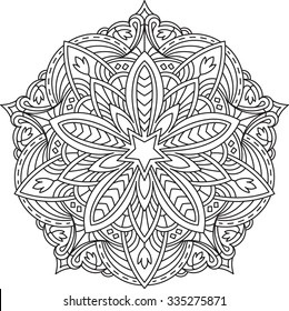 Abstract vector black lace design in mono line style - five-finger mandala, ethnic decorative element.