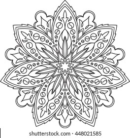 Abstract vector black lace design in mono line style - septangular mandala, ethnic decorative element.