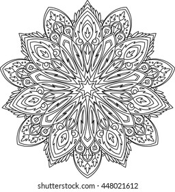 Abstract vector black lace design in mono line style - septangular mandala, ethnic decorative element.