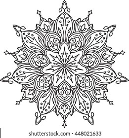 Abstract vector black lace design in mono line style - septangular mandala, ethnic decorative element.