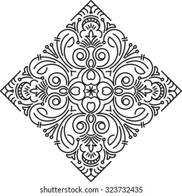 Abstract vector black rhombus lace design in mono line style - mandala, ethnic decorative element. 