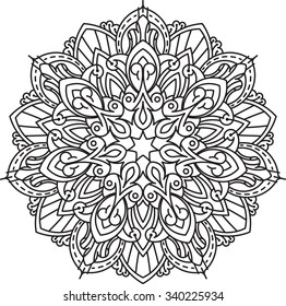 Abstract vector black round, heptagon lace design in mono line style - mandala, ethnic decorative element.