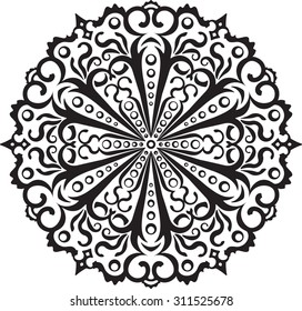 Abstract vector black round, hexagonal lace design in mono line style - mandala, ethnic decorative element. 