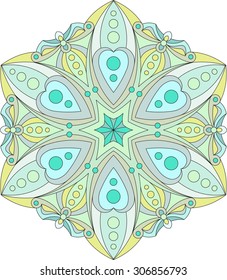 Abstract vector black round lace design in mono line style - mandala, ethnic decorative element, in bright, green tones. 