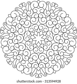 Abstract vector black round lace design in mono line style - mandala, ethnic decorative element. 