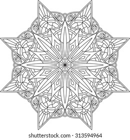Abstract vector black round lace design in mono line style - mandala, ethnic decorative element. 