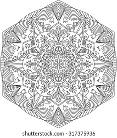 Abstract vector black round lace design in mono line style - mandala, ethnic decorative element with birds and fishes. Can be used as anti stress therapy.