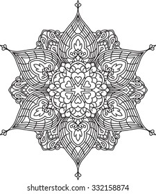 Abstract vector black round lace design in mono line style - mandala, ethnic decorative element. Can be used as anti stress therapy.