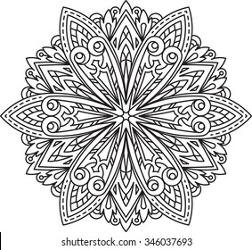 Abstract vector black round lace design in mono line style - mandala, ethnic decorative element. Can be used as anti stress therapy.