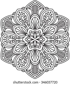 Abstract vector black round lace design in mono line style - mandala, ethnic decorative element. Can be used as anti stress therapy.