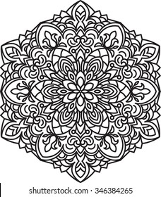 Abstract vector black round lace design in mono line style - mandala, ethnic decorative element. Can be used as anti stress therapy.