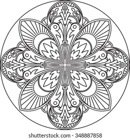 Abstract vector black round lace design in mono line style - mandala, ethnic decorative element. Can be used as anti stress therapy.