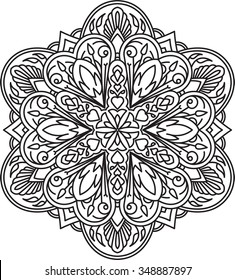 Abstraktes, schwarzes, runder Spitzen-Design in einseitigem Stil - Mandala, ethnisch dekoratives Element. Kann als Anti-Stress-Therapie eingesetzt werden.