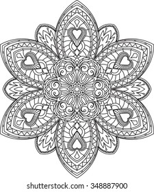 Abstract vector black round lace design in mono line style - mandala, ethnic decorative element. Can be used as anti stress therapy.