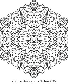 Abstract vector black round lace design in mono line style - mandala, ethnic decorative element. Can be used as anti stress therapy.