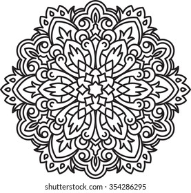 Abstract vector black round lace design in mono line style - mandala, ethnic decorative element. Can be used as anti stress therapy.