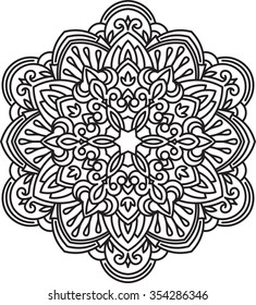 Abstract vector black round lace design in mono line style - mandala, ethnic decorative element. Can be used as anti stress therapy.