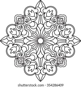 Abstract vector black round lace design in mono line style - mandala, ethnic decorative element. Can be used as anti stress therapy.