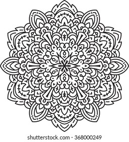 Abstract vector black round lace design in mono line style - mandala, ethnic decorative element. Can be used as anti stress therapy.