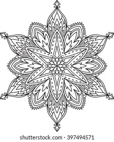 Abstract vector black round lace design in mono line style - mandala, ethnic decorative element. 