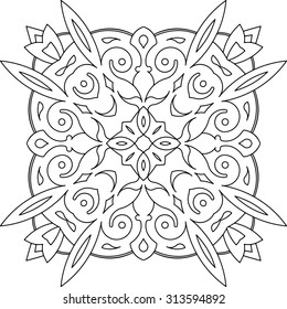 Abstract vector black square lace design in mono line style - mandala, ethnic decorative element. Can be used as anti stress therapy.
