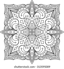 Abstract vector black square lace design in mono line style - mandala, ethnic decorative element. Can be used as anti stress therapy.