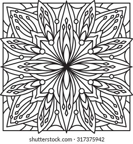Abstract vector black square lace design in mono line style - mandala, ethnic decorative element. Can be used as anti stress therapy.