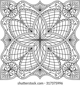 Abstract vector black square lace design in mono line style - mandala, ethnic decorative element. Can be used as anti stress therapy.