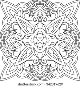 Abstract vector black square lace design in mono line style - mandala, ethnic decorative element. Can be used as anti stress therapy.