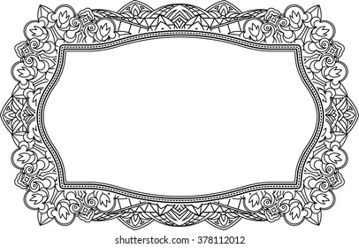 Abstract vector black square lace design in mono line style - mandala, ethnic decorative element. Can be used as anti stress therapy.