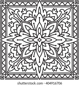 Abstraktes, schwarzes Quadrat-Design im Mono-Line-Stil - Mandala, ethnisch dekoratives Element. Kann als Anti-Stress-Therapie eingesetzt werden.