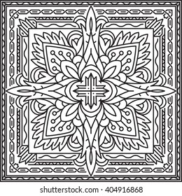 Abstract vector black square lace design in mono line style - mandala, ethnic decorative element. Can be used as anti stress therapy.