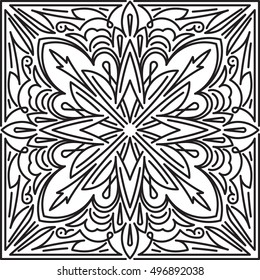 Abstract vector black square lace design in mono line style - mandala, ethnic decorative element. Can be used as anti stress therapy.