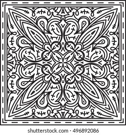 Abstract vector black square lace design in mono line style - mandala, ethnic decorative element. Can be used as anti stress therapy.