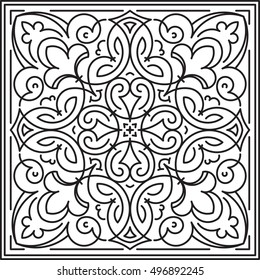 Abstract vector black square lace design in mono line style - mandala, ethnic decorative element. Can be used as anti stress therapy.