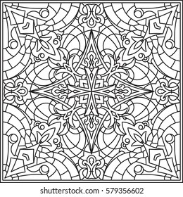 Abstract vector black square lace design in mono line style - mandala, ethnic decorative element. Can be used as anti stress therapy.
